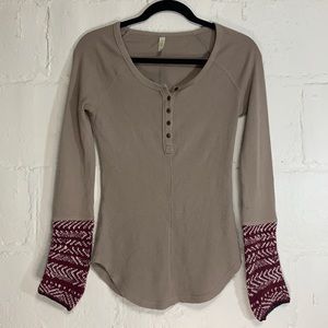 Free People Alpine Cuff Beige Thermal Waffle Henley Long-sleeve Top Sz S